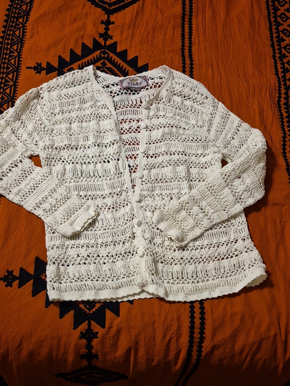 Tiara Cream Open-Knit Crochet Button Cardigan